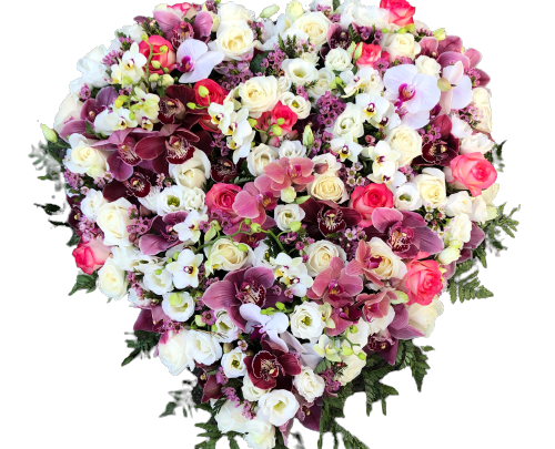 Coeur de deuil en roses et orchidées