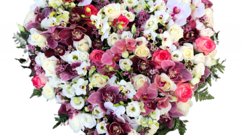 Coeur de deuil en roses et orchidées